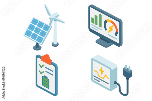 Isometric energy management icons. Renewable electric power system with solar panel, wind turbine, and monitoring dashboard. Green energy vector cartoon illustration set.