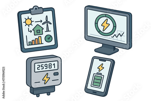 Energy management icon set for renewable power systems. Isometric vector of solar and wind energy monitoring, electric meter, and smart home app dashboard. Clean energy concept.