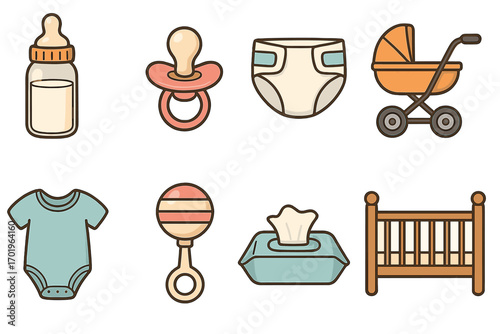 Baby care essentials icon set. Newborn childcare items collection. Vector line art icons for bottle, pacifier, diaper, stroller, onesie, rattle, wipes, and crib. Cute cartoon.