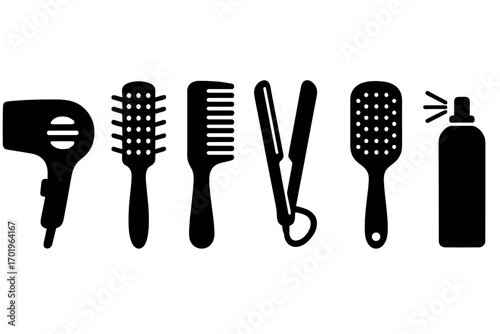 Hair styling tools icon set. Hairdryer, comb, brush, straightener, hairspray silhouette. Vector illustration for beauty salon, hairdresser. Hair care equipment symbols.