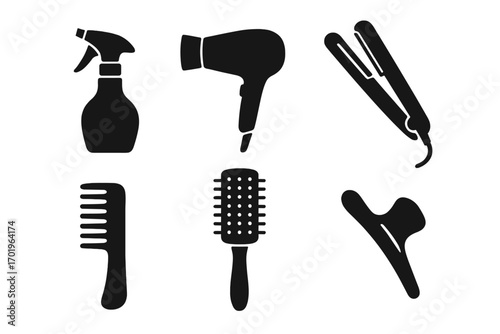 Hair styling tools icon set. Hairdresser and barbershop equipment silhouette collection. Vector illustration of hairdryer, comb, brush, flat iron, spray, and clip icons.