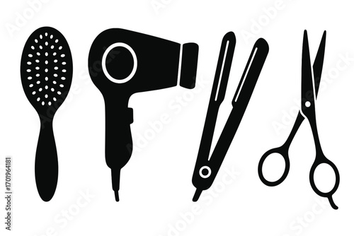 Hairdressing tool icon set. Salon and barbershop equipment silhouettes. Vector icons of hair dryer, scissors, straightener, brush for beauty, hair care, styling concepts.
