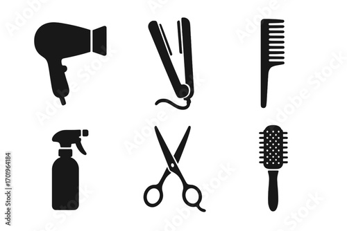 Hair styling tools icon set. Hairdresser equipment silhouette collection. Vector graphic for beauty salon. Comb, scissors, hairdryer, brush, spray, flat iron symbols.