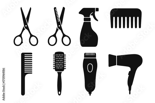 Hairdressing tools icon set. Barber shop equipment black silhouettes. Vector graphic for beauty salon design. Haircut symbols: scissors, comb, hairdryer, clipper, brush.