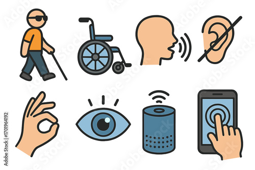 Vector icon set for accessibility and disability. Symbols for blind person, wheelchair user, hearing and speech impairment, vision, touch, and modern voice assistant technology.