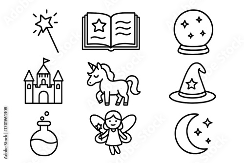 Fairytale magic linear icon set. Enchantment, fantasy, dream world symbols. Vector cartoon illustration of unicorn, fairy, castle, wand, potion, wizard hat, and spellbook.