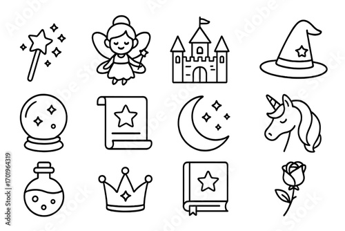 Fairytale magic outline icon set. Fantasy enchantment symbols. Vector cartoon collection with fairy, unicorn, castle, wizard hat, potion, wand, crown, spellbook, rose.