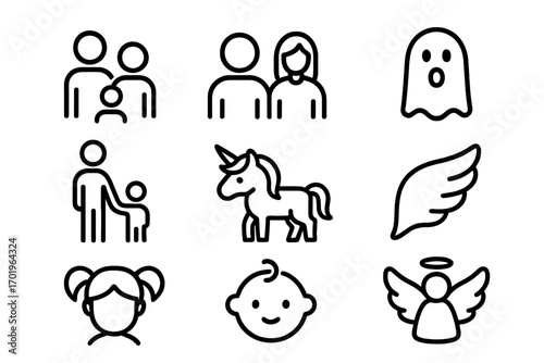 Family and fantasy line icon set. People, couple, child, baby pictograms. Mythical creature outline symbols with unicorn, angel, ghost, and wing. Vector graphic element.