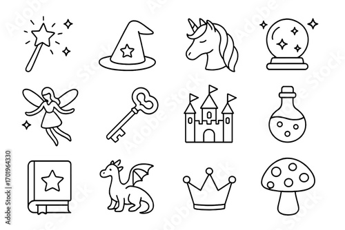 Fairytale magic linear icon set. Enchantment and fantasy dream world symbols. Vector illustration includes unicorn, dragon, castle, fairy, wizard hat, potion and spellbook.