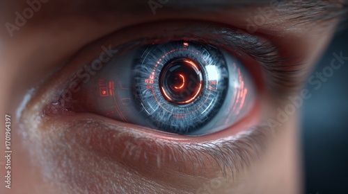 Bionic Eye: Close-up of a captivating bionic eye, reflecting a fusion of technology and humanity, showcasing intricate details and futuristic design.