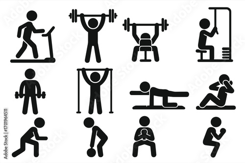 Fitness icon set with stick figures exercising. Gym workout poses and training with equipment. Vector pictogram silhouette for bodybuilding, cardio, and weightlifting.