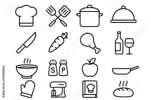 Food and cooking outline icon set. Culinary and kitchen vector collection. Icons for restaurant menu, recipe book, or gastronomy blog. Chef hat, pot, and utensils symbols.