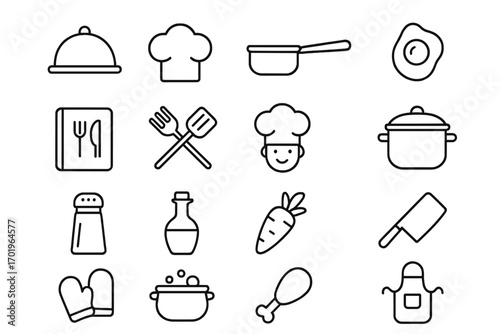 Food and cooking outline icon set. Culinary and kitchen line art collection for restaurant menu, recipe book or website. Vector graphic symbols of chef, utensil and food.