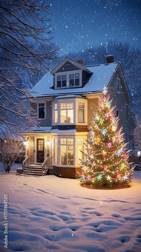 A beautiful home with a brightly lit Christmas tree on a snowy winter night