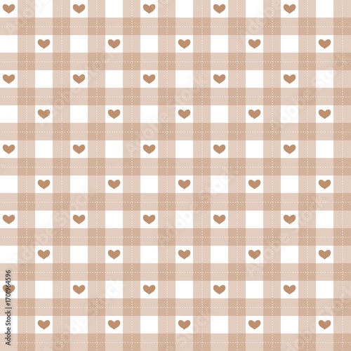 Wallpaper Mural Gingham brown heart plaid pattern background. Cute heart checkered tartan pattern. Romantic seamless plaid with hearts. Seamless patterns with brown hearts on checkered design. Torontodigital.ca