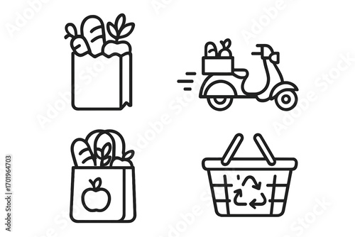 Grocery delivery outline icon set. Eco friendly shopping and food service concept. Reusable bag, recycle basket, scooter courier pictogram. Linear graphic elements vector.