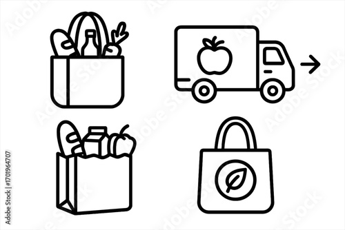 Grocery delivery outline icon set. Food shopping, eco-friendly bag, and home delivery truck symbols. Vector line art for online supermarket order and express service concepts.