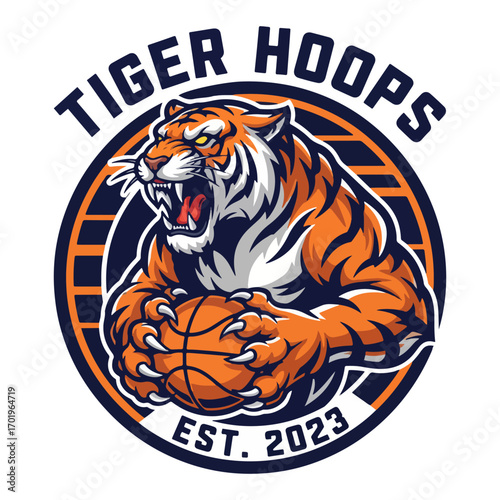tiger mascot logo clutching a basketball