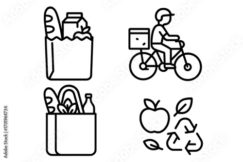 Grocery delivery service outline icon set. Eco-friendly food shopping with bicycle courier. Online order, fresh groceries in paper bag and recycling vector line art.