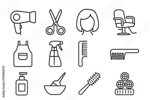 Hair salon and barber shop linear icon set. Hairdresser tools, equipment, and accessories in outline style. Vector collection for beauty, hairstyle, and haircut design.