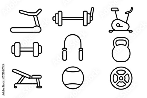 Gym equipment outline icon set. Fitness, exercise, workout icons for health apps. Vector illustration for sport, training, bodybuilding. Line art cartoon graphic elements.