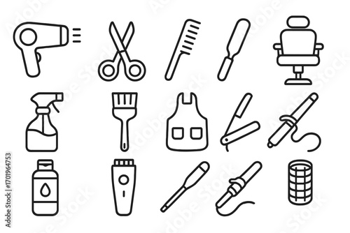 Hair salon and barber shop icon set. Hairdressing and hairstylist equipment linear icons. Vector collection of haircut tools, scissors, comb, hairdryer, razor, chair.