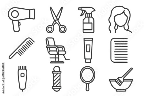 Hair salon and barbershop linear icon set. Vector outline illustration of hairdresser tools, equipment, and beauty accessories. Includes scissors, comb, clipper, and chair.
