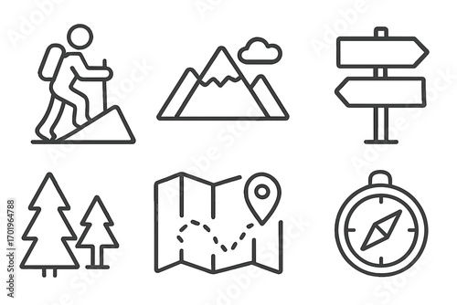 Hiking trail line icon set. Outdoor adventure and travel symbols. Hiker, mountain, forest, map, compass, and navigation signpost. Vector outline pictograms for trekking.