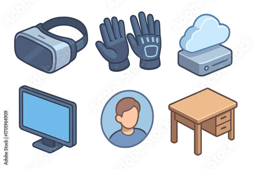 Isometric vector icon set of virtual reality technology. VR headset, haptic gloves, cloud data storage, monitor, user profile avatar and desk. Metaverse digital elements.