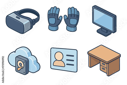 Isometric tech objects set. VR headset, gloves, screen, cloud storage, profile, desk. Vector cartoon icons for metaverse, virtual reality, gaming, digital office concept.