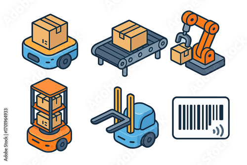 Warehouse automation logistics tech isometric icon set. Vector of robots, conveyor, forklift, AGV, AMR, barcode for supply chain management and smart distribution concept.