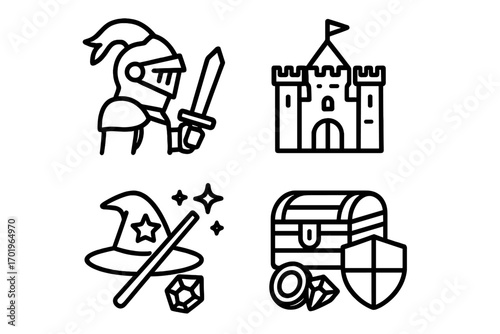 Medieval fantasy line icon set. Knight with sword, fairytale castle, magic wizard hat and wand, and treasure chest with shield. Vector cartoon symbols for RPG games.