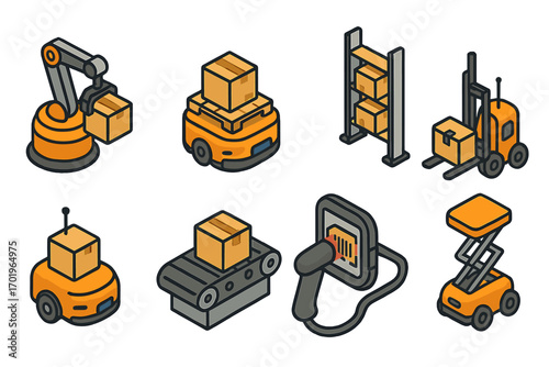 Warehouse automation icons. Isometric vector set with robot arm, AGV, conveyor belt, forklift, and barcode scanner. Smart factory logistics and delivery concept illustration.