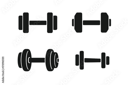 Set of black dumbbell icons. Minimalist vector silhouettes for fitness and gym design. Simple flat icons for bodybuilding, weightlifting, and workout app graphic elements.