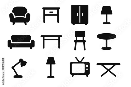 Furniture icon set. Minimalist black silhouette collection of household items. Vector graphic symbols for interior design. Home decor elements like sofa, chair, table, lamp.
