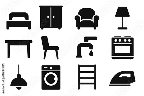Black silhouette furniture icon set. Minimalist vector pictograms of household items & home appliances. Simple domestic objects & interior design symbols for web or print.