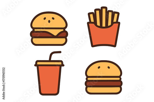 Fast food icon set with burger, french fries, and soda drink. Minimalist vector illustration for restaurant menu or takeaway app. Simple flat cartoon graphic elements.