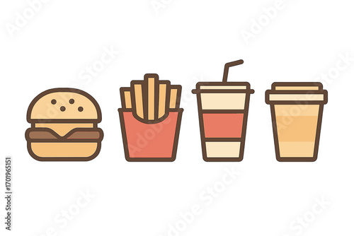 Fast food icon set with burger, french fries, soda and coffee. Minimalist vector illustration for menu design. Junk food, takeaway meal concept. Line art symbols.