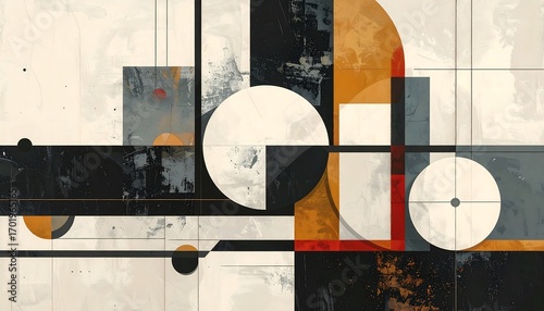 A geometric abstract composition featuring intersecting shapes and planes of contrasting colors, creating a dynamic visual interplay.