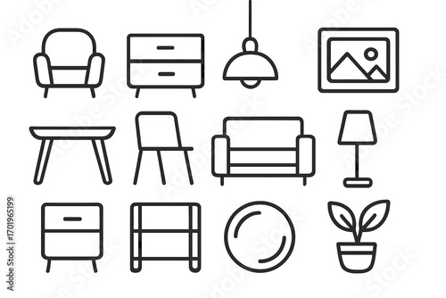 Minimalist furniture and home decor line icon set. Vector illustration for modern interior design. Pictogram collection of household items like sofa, chair, table, lamp, plant.
