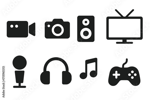 Minimalist silhouette icons set for multimedia and audio equipment, video camera, photo camera, speaker, TV, microphone, headphones, music note, game controller, technology symbols