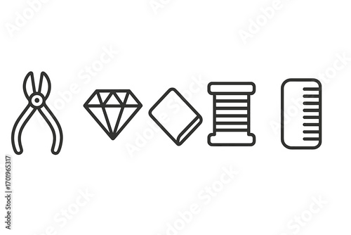 Crafting and hobbies minimalist line icon set. Vector symbols for sewing, jewelry making, and grooming. Pliers, diamond, fabric, spool of thread, and comb illustration.