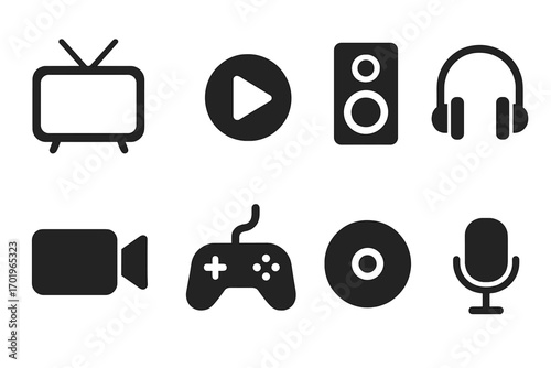 Minimalist silhouette icons for multimedia audio equipment, video playback, gaming controller, microphone, headphones, speaker, camera and disc vector set with transparent background
