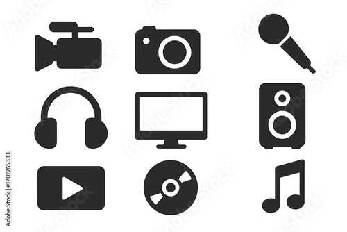 Minimalist silhouette icons set of multimedia and audio equipment including video camera, digital camera, microphone, headphones, monitor, speaker, play button, CD, and music note vector illustration