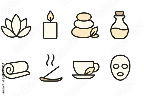 Minimalist spa icons set with lotus flower, candle, massage stones, essential oil bottle, rolled towels, incense stick, herbal tea cup, and face mask, wellness and relaxation vector illustration