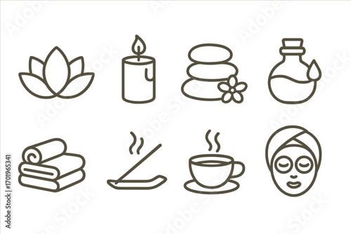 Minimalist Spa Icons Set with Lotus Flower, Candle, Stacked Stones, Essential Oil Bottle, Rolled Towels, Incense Stick, Steaming Tea Cup, and Facial Mask Illustration, Relaxation and Wellness Vector