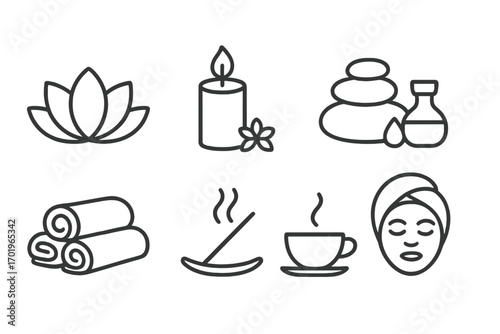 Minimalist spa icons set with lotus flower, relaxing candle, massage stones and oil bottle, rolled towels, incense stick, hot tea cup, and face mask, wellness vector illustration