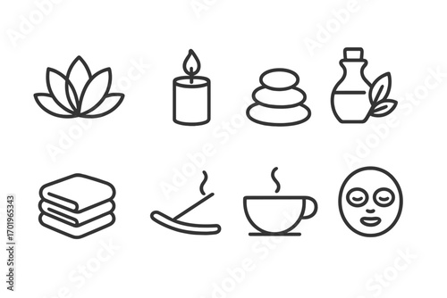 Minimalist spa icons set with lotus flower, candle, stacked stones, essential oil bottle, towels, incense stick, steaming tea cup, and facial mask, wellness and relaxation vector illustration
