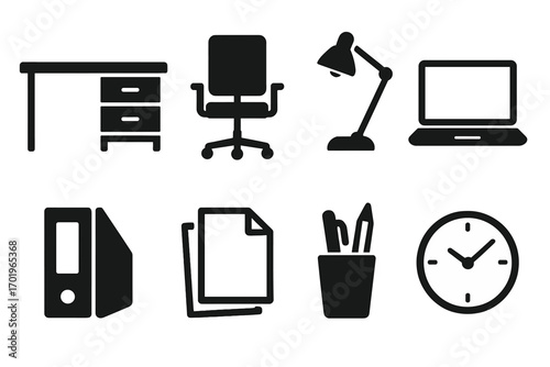 Minimalistic black office icons set with desk, chair, lamp, laptop, files, documents, pen holder, and clock, vector cartoon illustration, workspace essentials, business, productivity