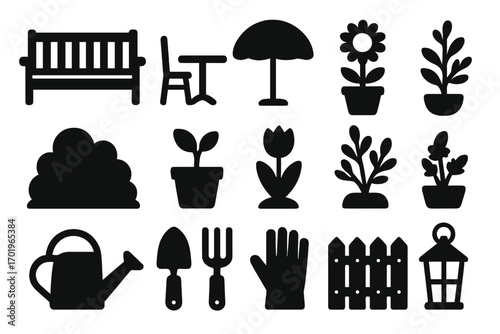 Modern silhouette garden icons set with outdoor furniture, plants, flowers, watering can, gardening tools, fence, and lantern, vector cartoon illustration collection for landscaping design